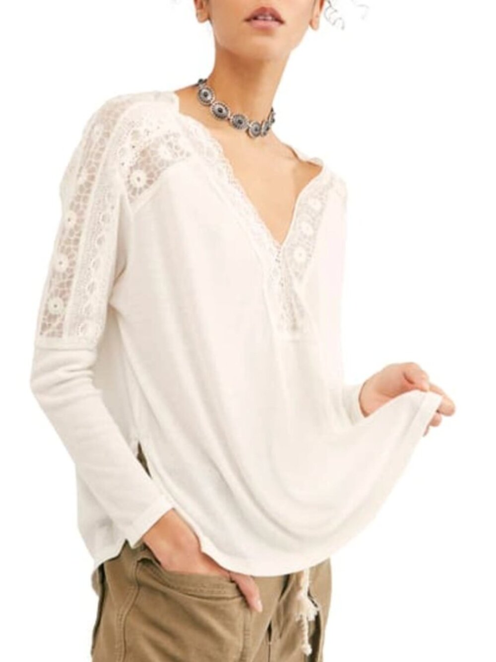 FREE PEOPLE Cream (Angel Food) Lola Long Sleeve V-neck Lace Top sz S